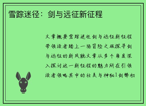 雪踪迷径：剑与远征新征程